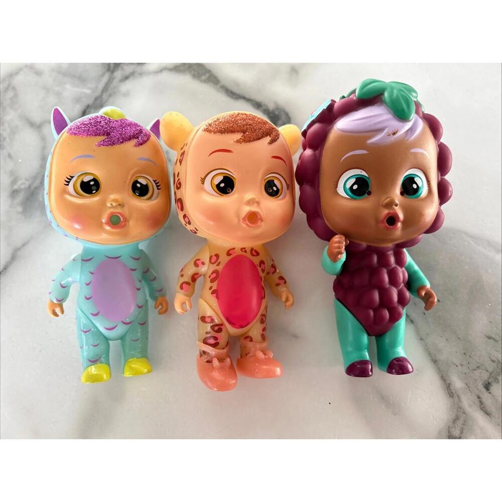 Cry Babies Magic Tears Lot of 3 Dolls 6" Grape Owl Cheetah Leopard Shoes IMC Toy
